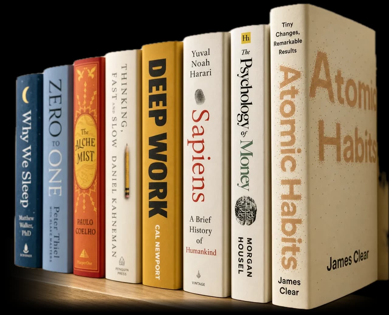 A row of books on a shelf: Why We Sleep, Zero to One, The Alchemist, Thinking Fast and Slow, Deep Work, Sapiens, The Psychology of Money and Atomic Habits.
