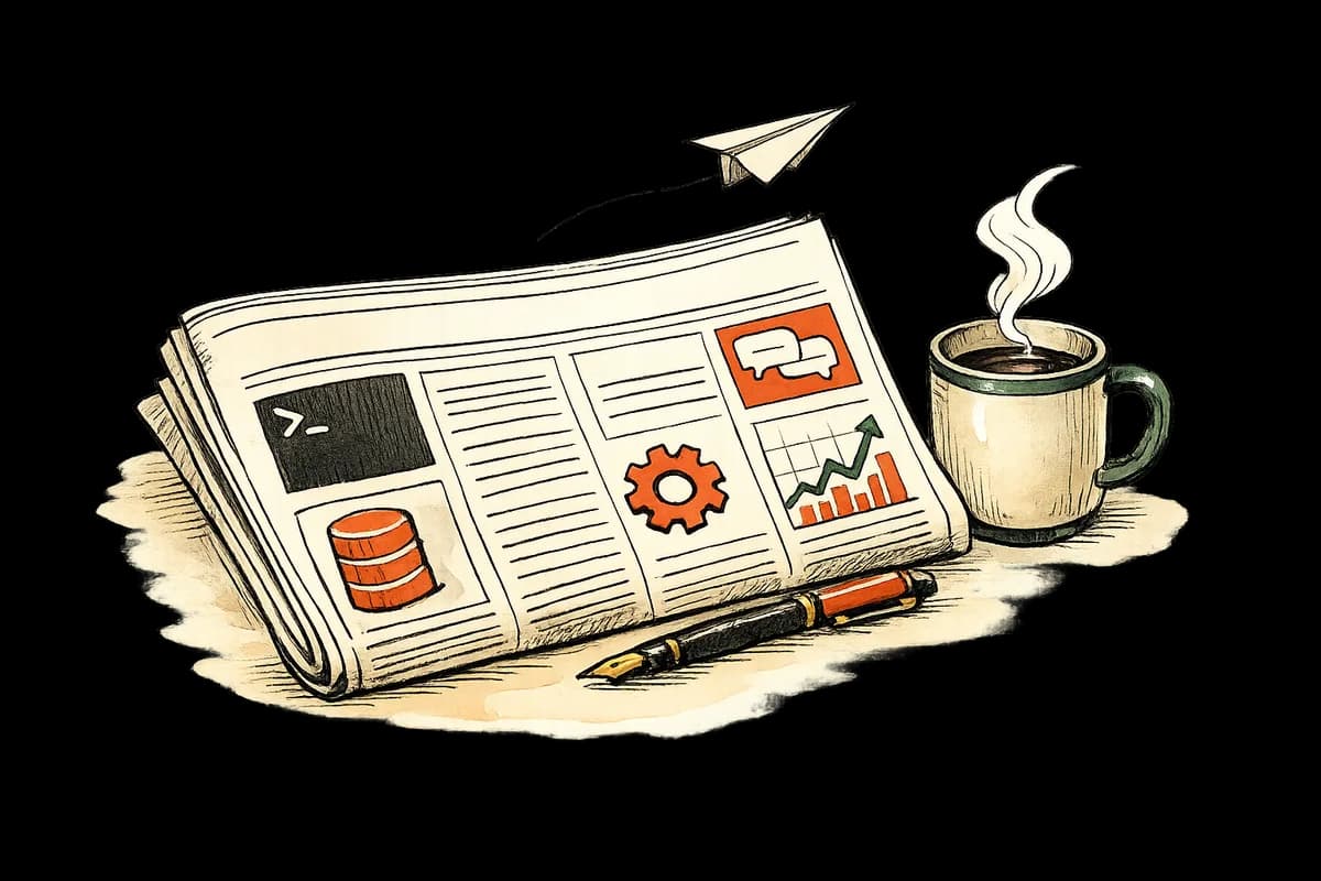 A folded newspaper with small app windows in its columns, a coffee mug, and a paper plane.